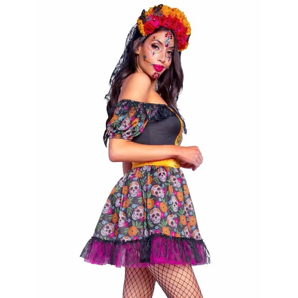 Sugar Skull 2Pc Costume Women Sizes S M L for  Dia da Muertos Day The Dead Dress - Picture 6 of 12